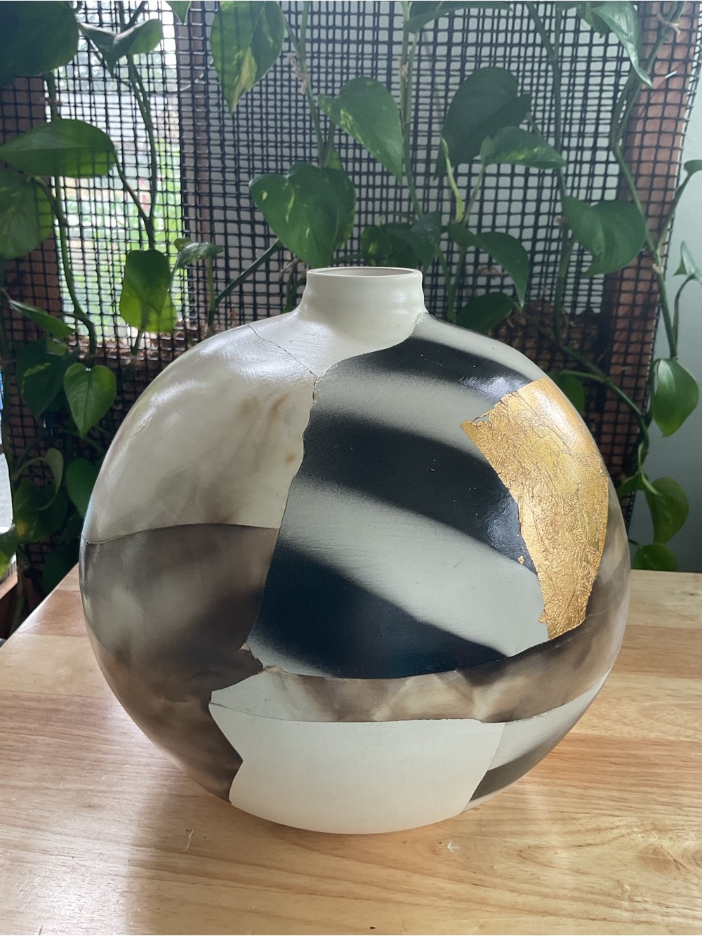 Abstract Round Ceramic Vase with Black, White and Gold Accents